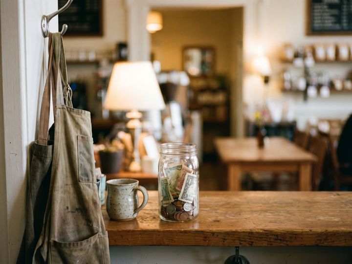 A tip jar on a café counter